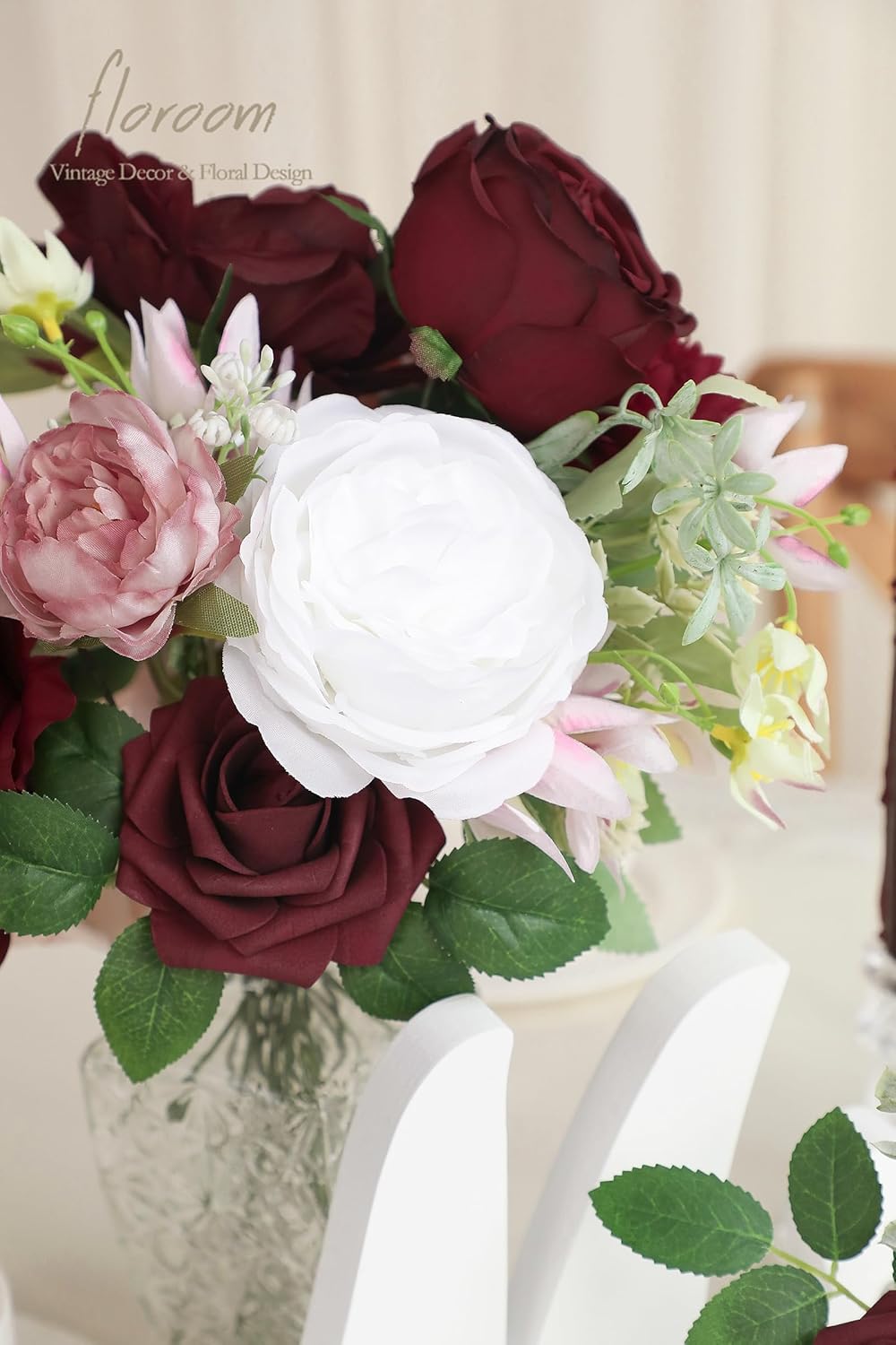 Floroom Burgundy Artificial Flowers Marsala Fake Roses Peonies Dahlia Greenery Combo Box Set for