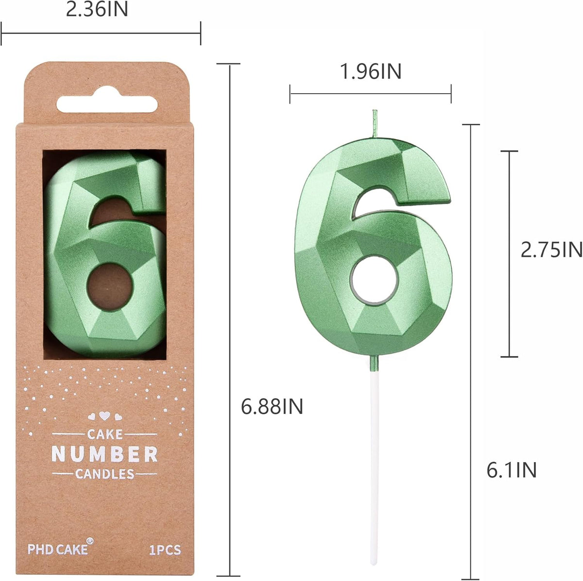 PHD CAKE 2.76 Inch Crystal Green 6 Number Cake Candle, Numeral Birthday Candles, Green Number