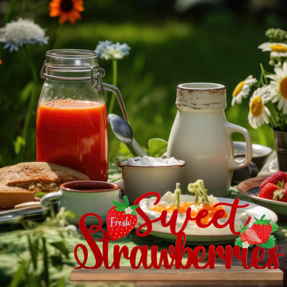 Fresh Sweet Strawberries Metal Sign Rustic Table Decor Summer Tiered Tray Decor with Wooden Base