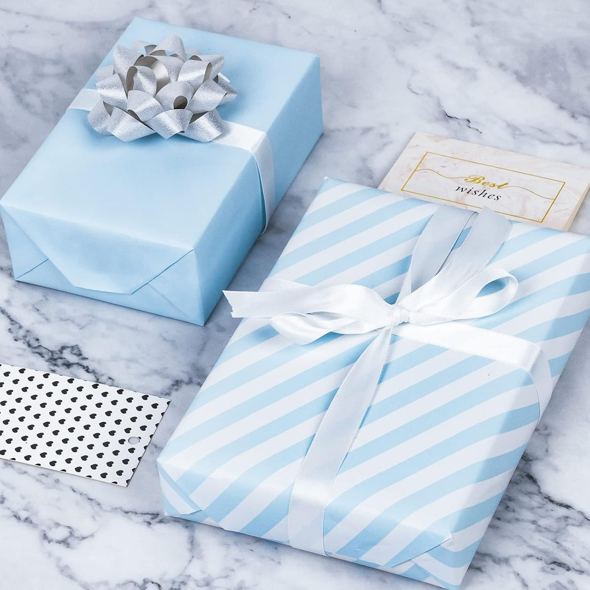 WRAPAHOLIC Reversible Wrapping Paper - Mini Roll - 17 Inch x 33 Feet - Baby Blue and Stripes Design