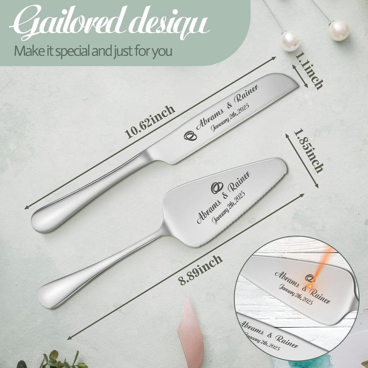 Personalized Wedding Cake Knife and Server Set - Custom Name Engraved Cutting Set with Elegant Gift
