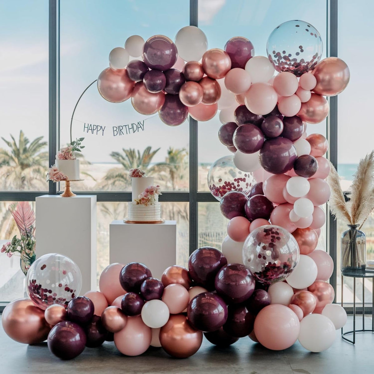 Burgundy Balloons, 12 Inch Maroon Balloons, Wine Red White Pearl Metallic Rose Gold Confetti