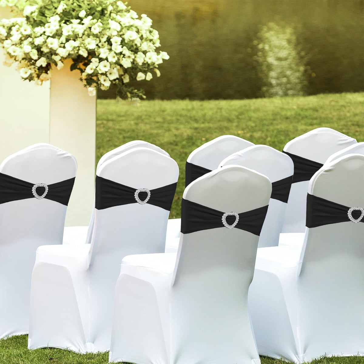 100PCS Spandex Stretch Black Chair Sashes Bows Universal Elastic Chair Cover Bands Ties with Buckle