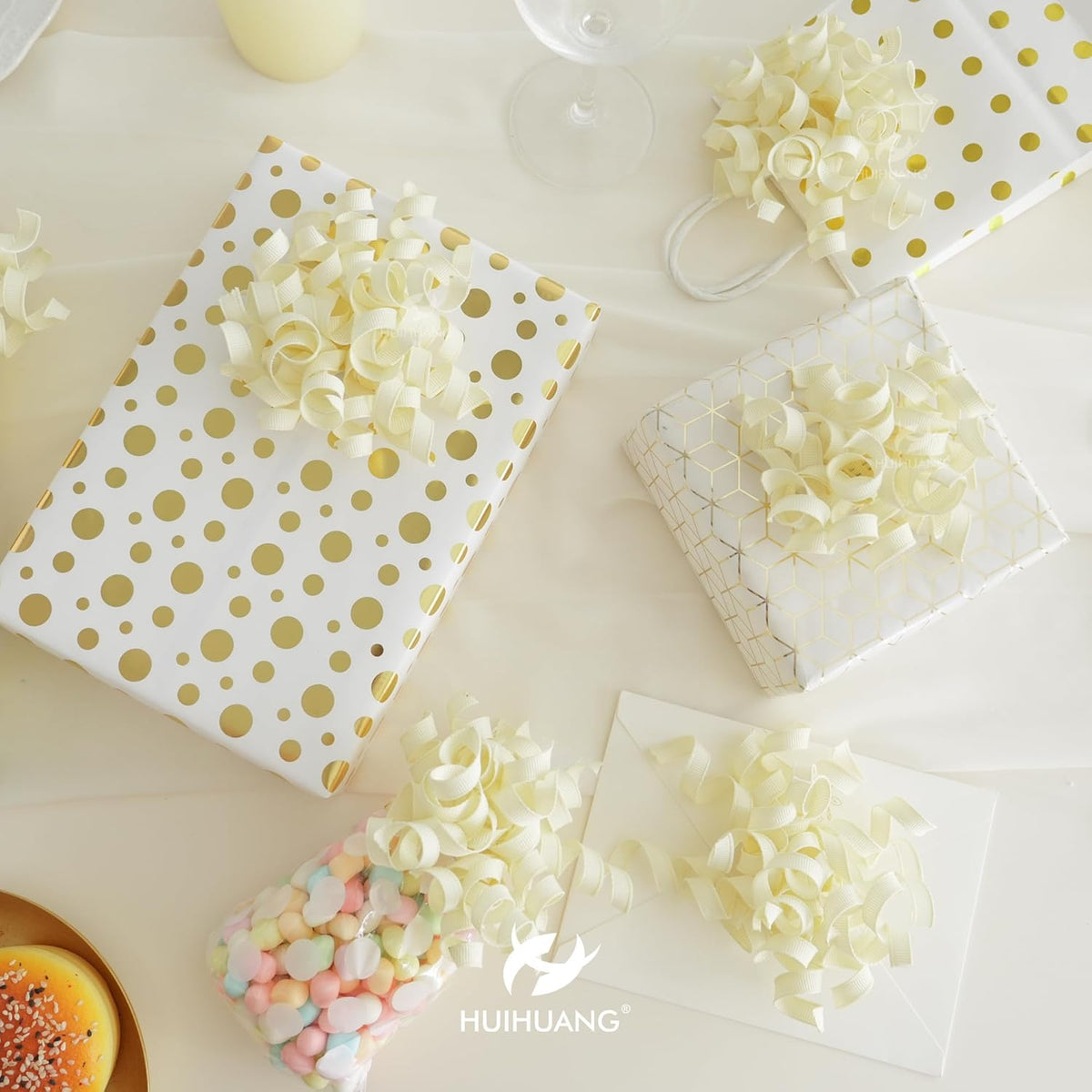 HUIHUANG Ivory Bows for Gift Wrapping, White Curly Ribbon Bows Self Adhesive Burst Gift Bow for