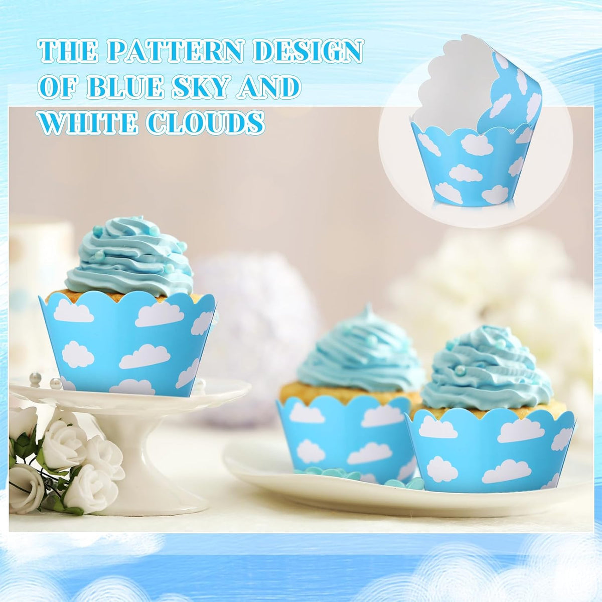 Domensi 100 Pcs Sky Clouds Blue Party Cupcake Wrappers Cloud Cupcake Liners Baking Cups Baking