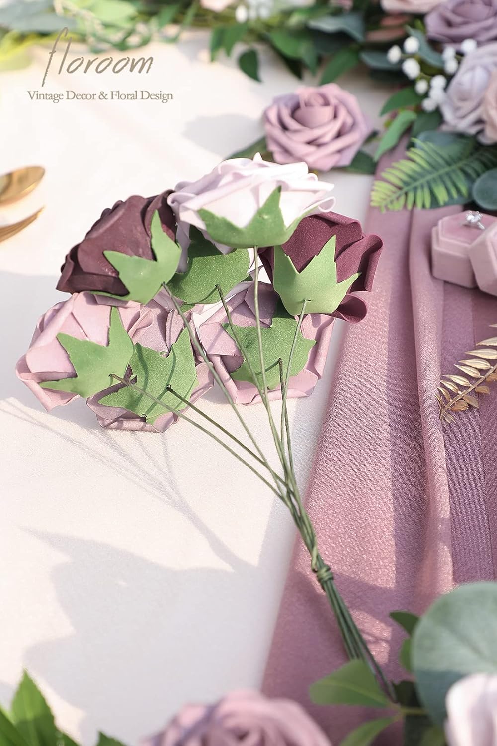 Floroom Artificial Flowers 25pcs Real Looking Plum Ombre Colors Foam Fake Roses with Stems for DIY