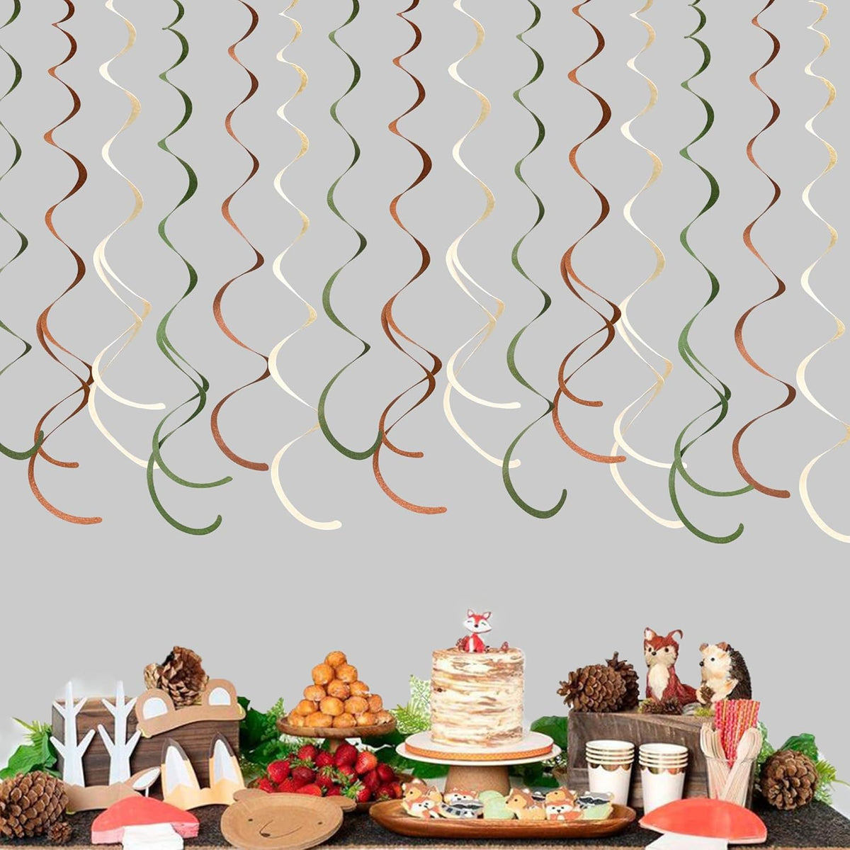 36 Pcs Jungle Hanging Swirl Decorations Sage Green Brown Beige Felt Swirl Streamer Spiral Ceiling