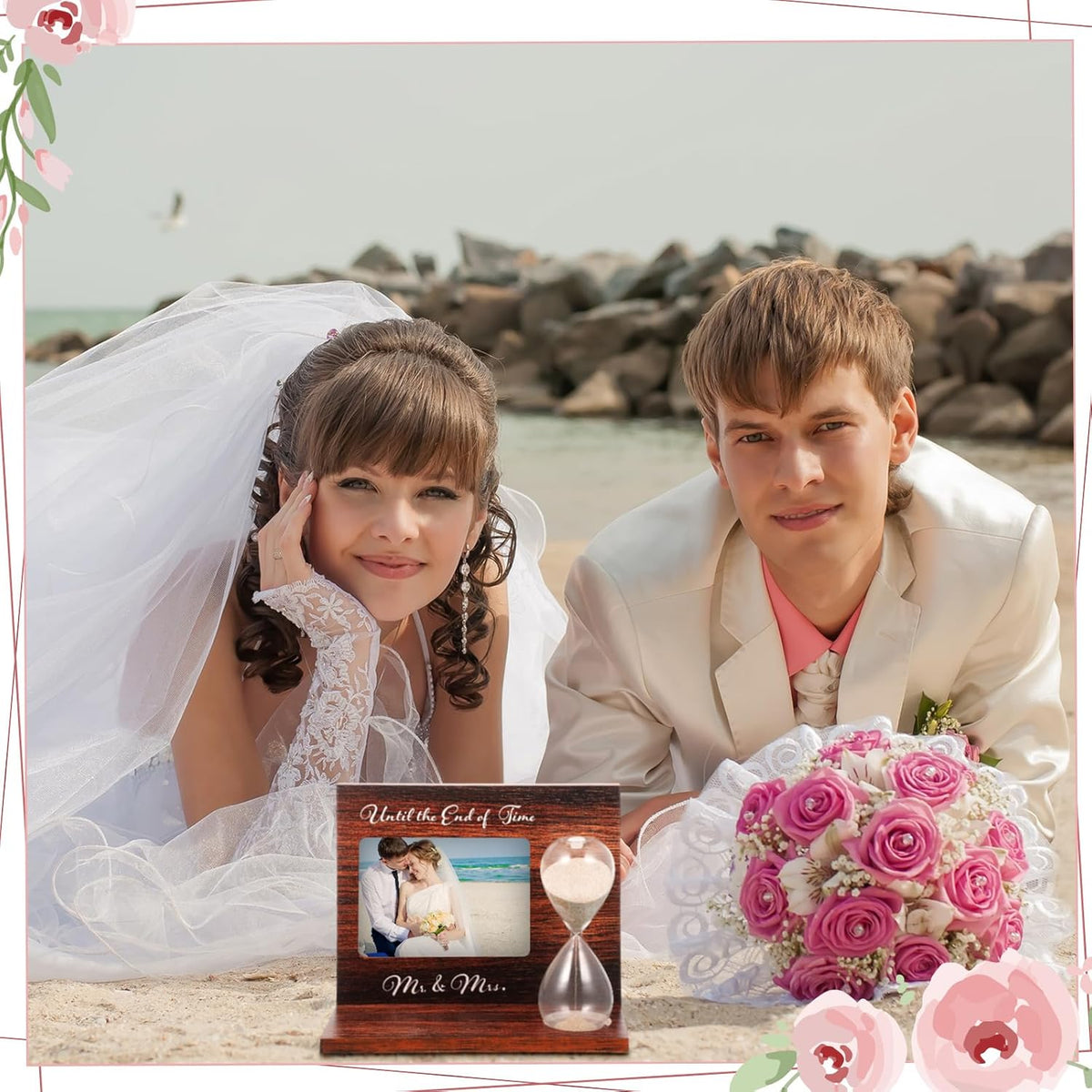 Blosssound Wedding Sand Ceremony Set Wooden Photo Frame, Hourglass Funnel, Sand, Glass Bottles, Mr