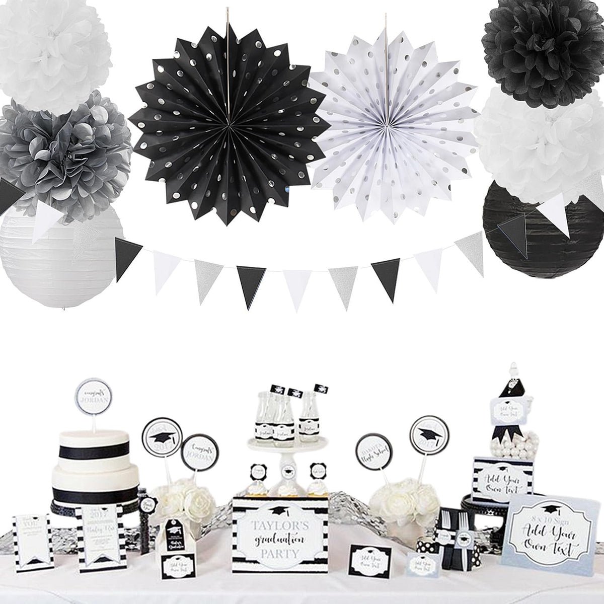 Black White Silver Party Decorations - 20pcs New Year Men Birthday Paper Lanterns Fans,Tissue Pom