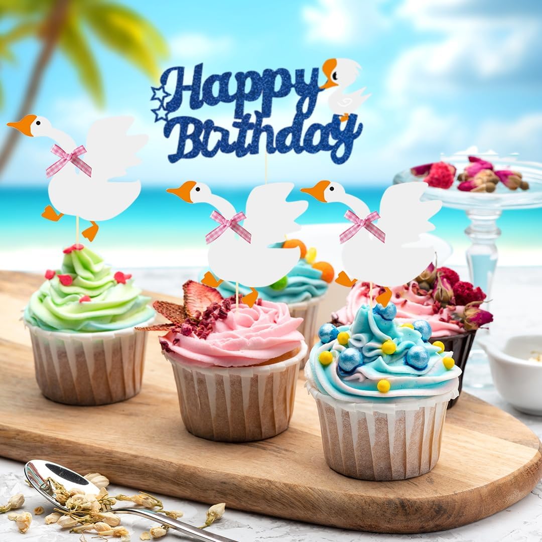 12PCS Silly Goose Cupcake Toppers, Funny Goose Birthday Cake Decorations White Goose Baby Shower