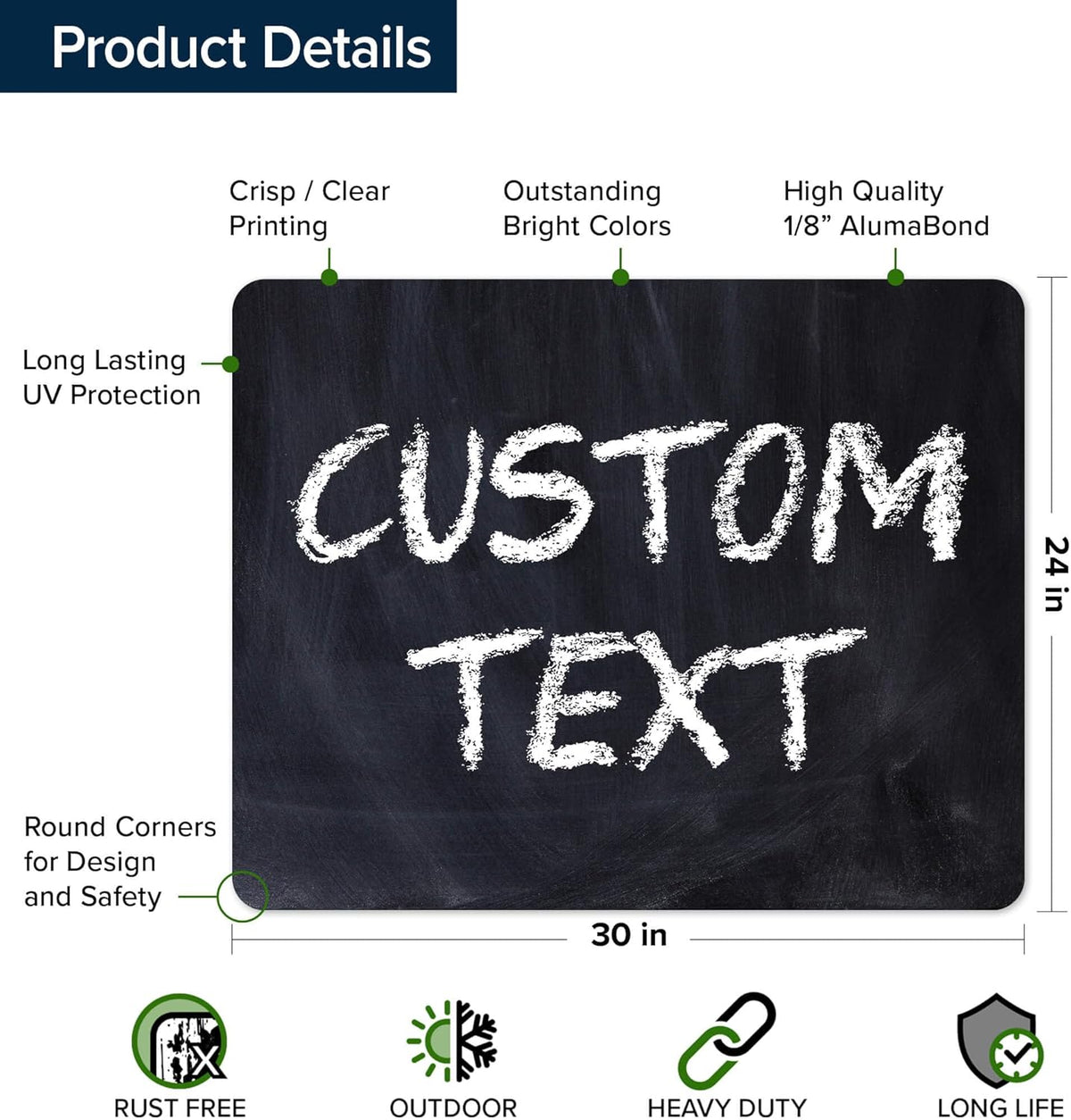 Custom Sign, Custom Street Sign, 11 Font Colors, 13 Font Styles, 4 Hole Options, 22 Sizes, 24x30