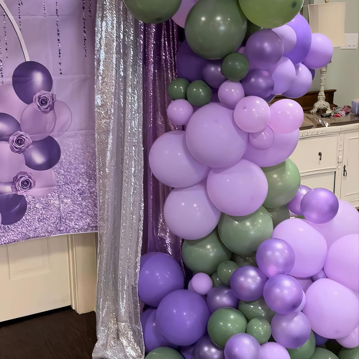 Purple and Sage Green Balloons, Purple Lavender Sage Balloon Cream White Gold Balloons, Light