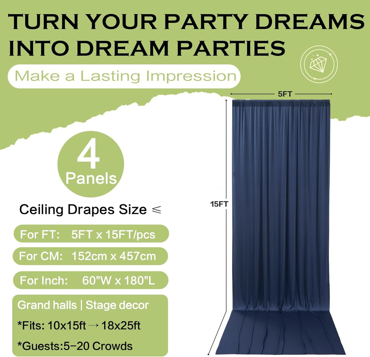 PartyVillage 20ft×15ft Navy Blue Backdrop Curtain for Wedding Parties, 4 Panels Wrinkle Free 15 FT