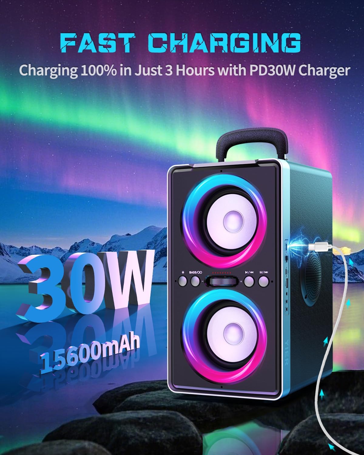Bluetooth Speaker, 200W(Peak) Loud Stereo with Deep Bass, 20H Playtime, TWS, 30W Fast Charging