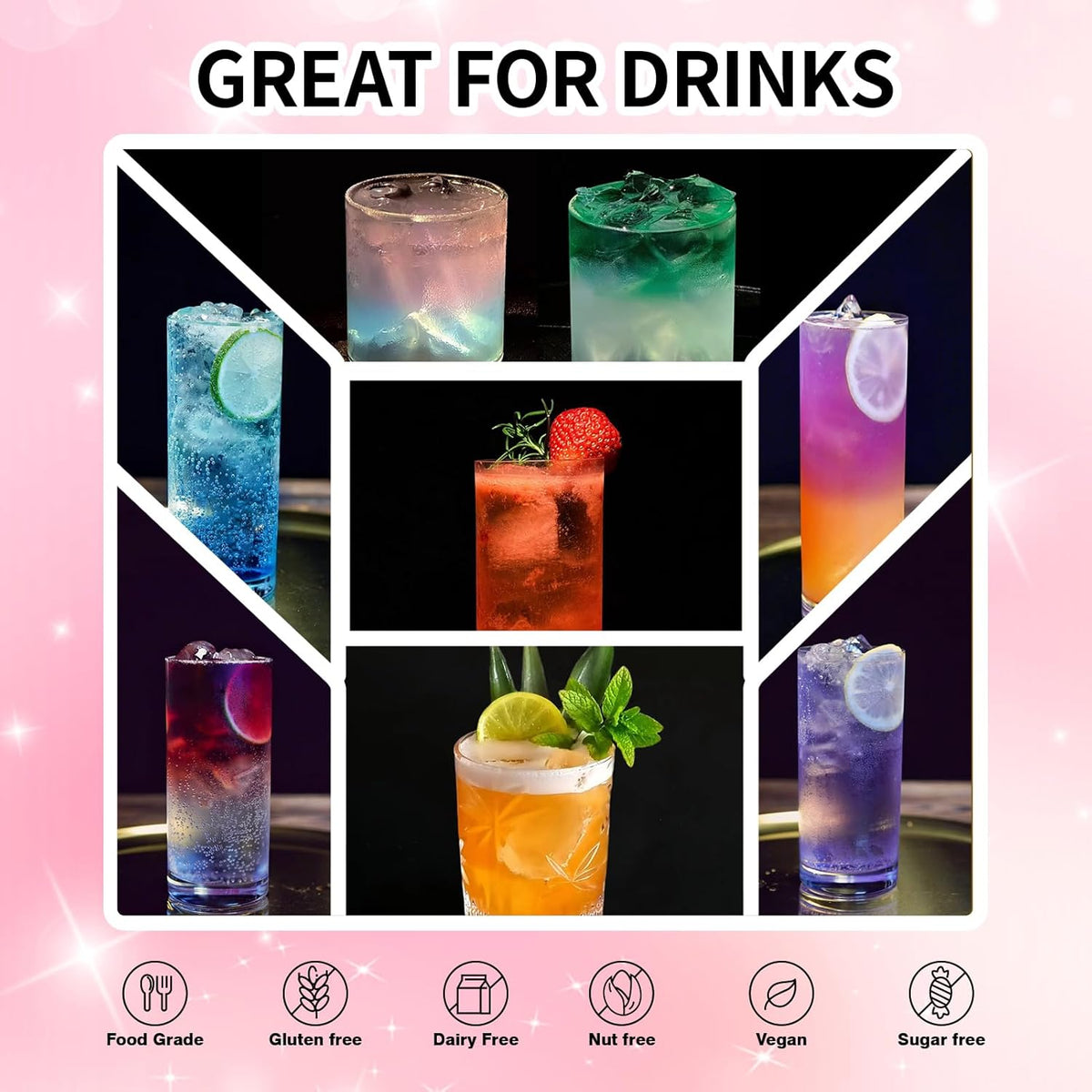 Edible Luster Dust 8 Colors Set - Edible Glitter for Cocktails, Rainbow Food Grade Powder Glitter