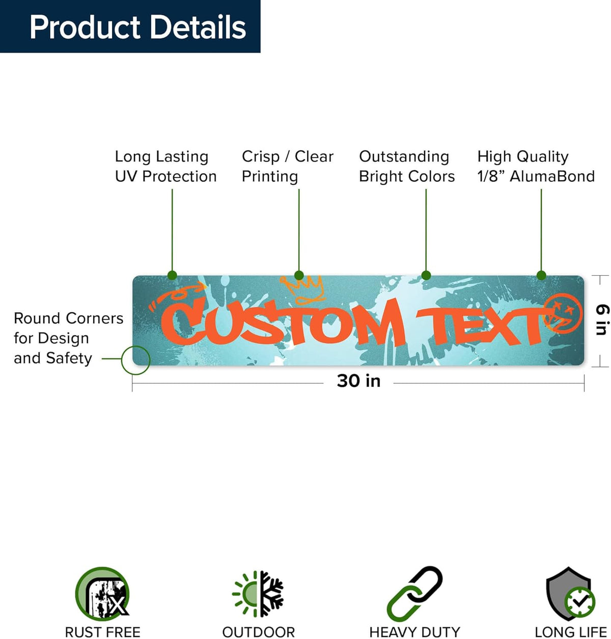 Custom Sign, Custom Street Sign, 11 Font Colors, 13 Font Styles, 4 Hole Options, 22 Sizes, 6x30
