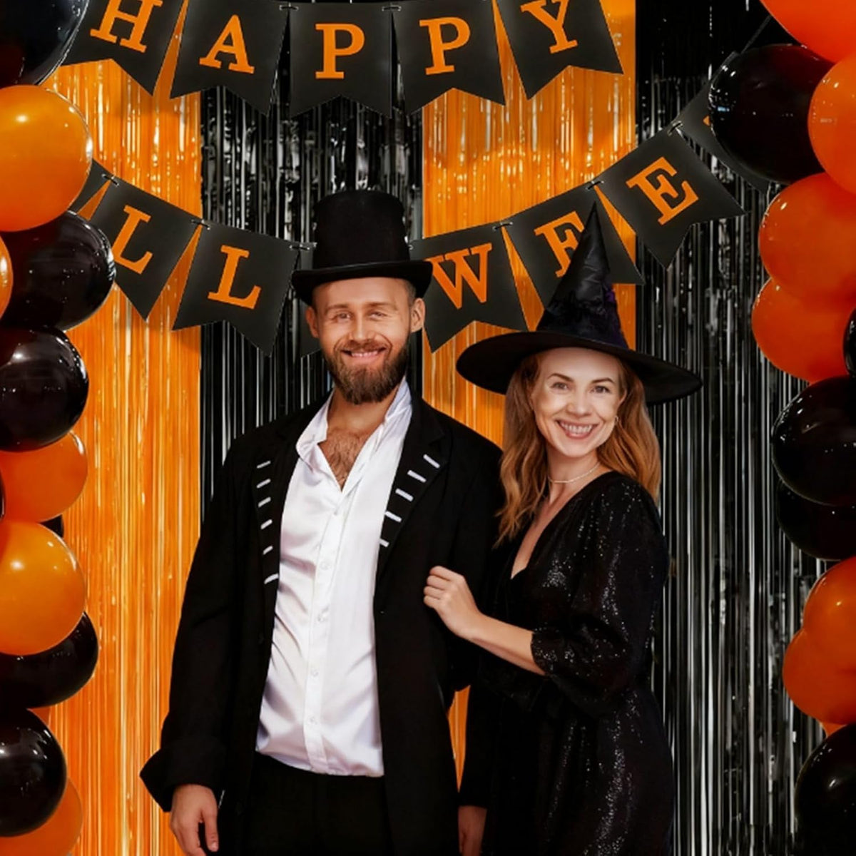 Foil Fringe Curtains-4 Pack of 3.2x8.2ft Orange Black Foil Fringe Curtains for Birthday Halloween