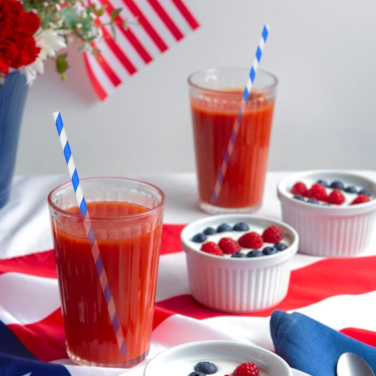 Blue Stripes Disposable Paper Party Straws for Drinking 7.75 inch 100 Counts, Compostable - for