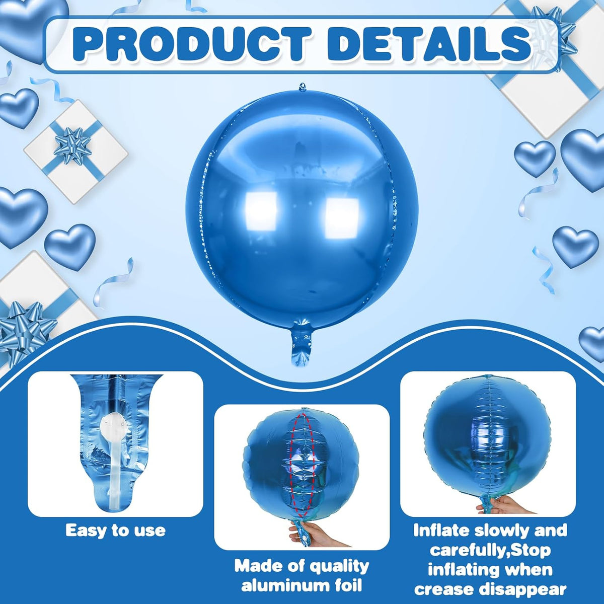6Pcs Blue Silver Round Foil Balloons,Giant 4D Round Ball Balloons,22 Inch Metallic Blue Silver