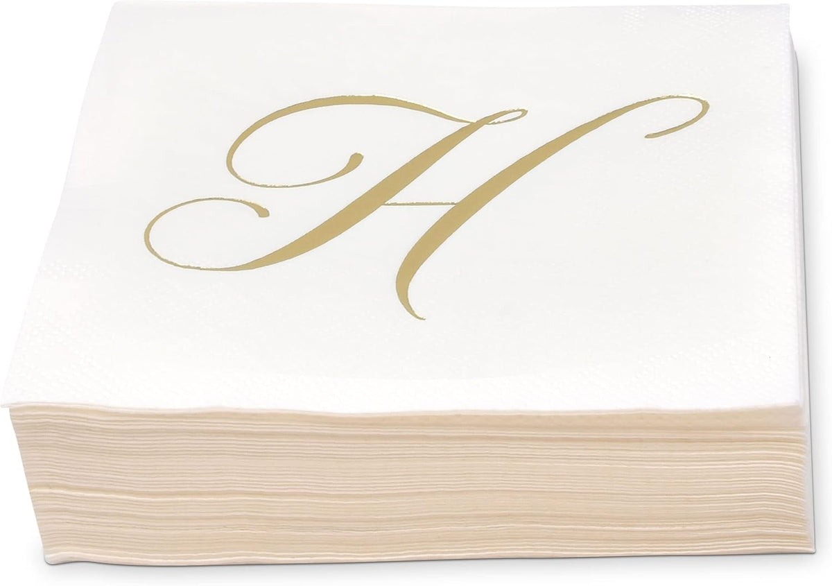 Gift Boutique 100 Gold Monogram Cocktail Napkins Letter H Disposable Paper Pack Elegant Metallic