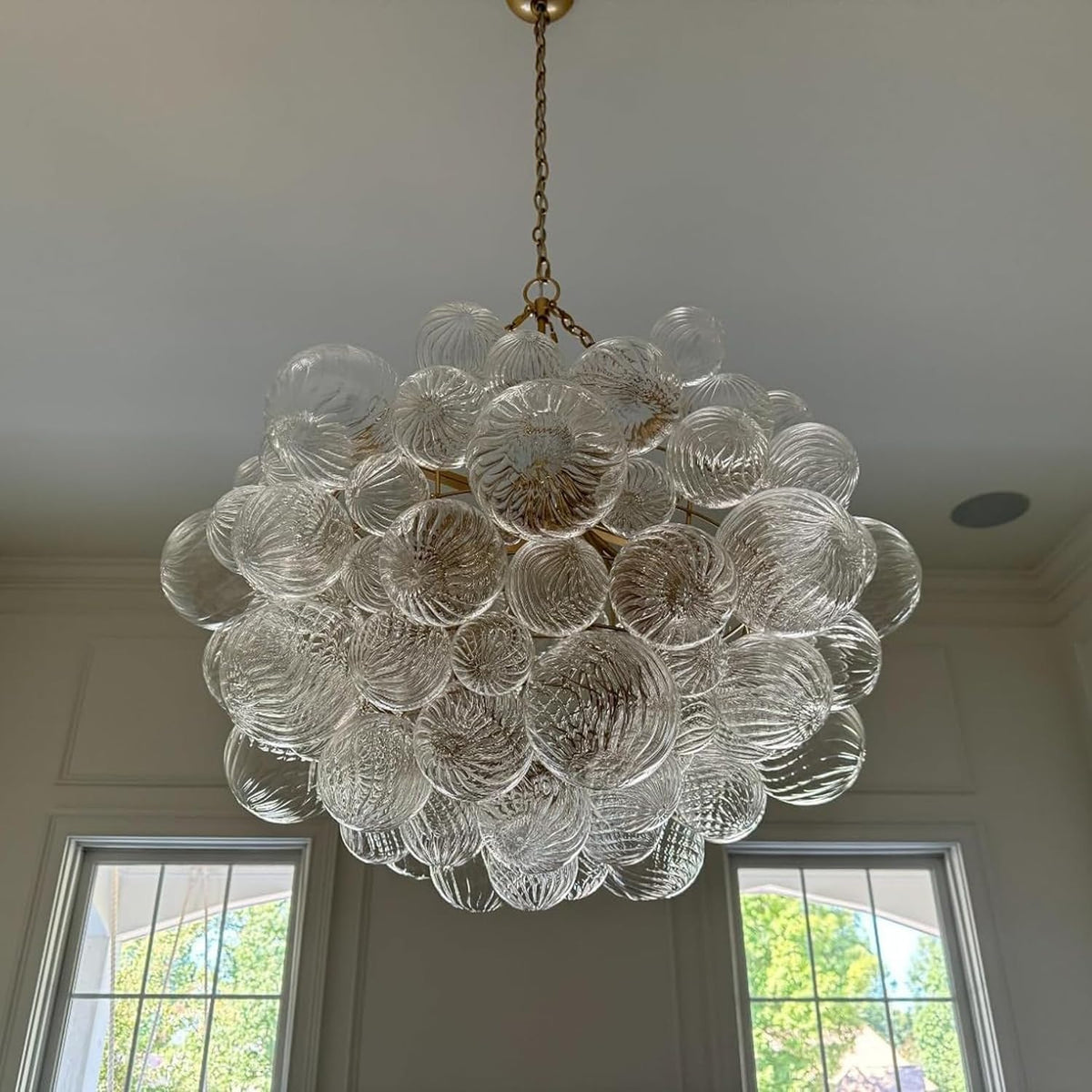Nordic Bubble Ball Swirled Glass Chandelier, Dia 36 inch Gild Gold and Clear Blown Glass Large