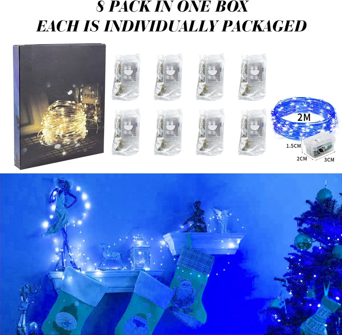 ZGWJ 8 Pack Fairy Lights Battery Operated, 7ft 20 Mini LED Fairy String Lights Silver Wire 3 Modes