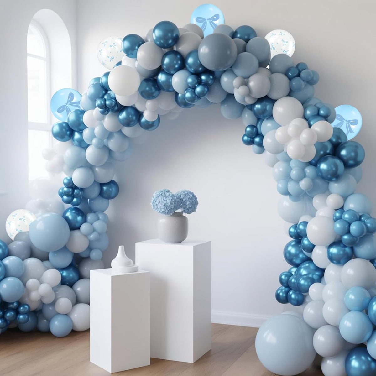 Blue Bow Balloons, 60pcs White And Blue Balloons, Metallic Macaron Preal White Balloon Bow Print