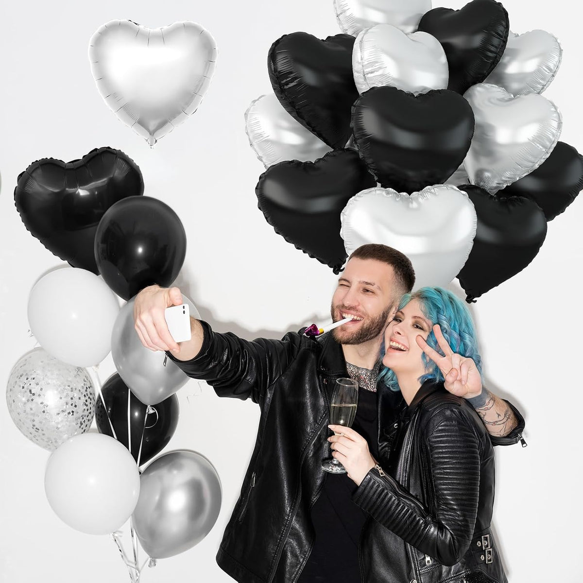 Black Silver Heart Balloons,12Pcs 18Inch Silver Black Heart Shaped Foil Helium Balloons for Baby