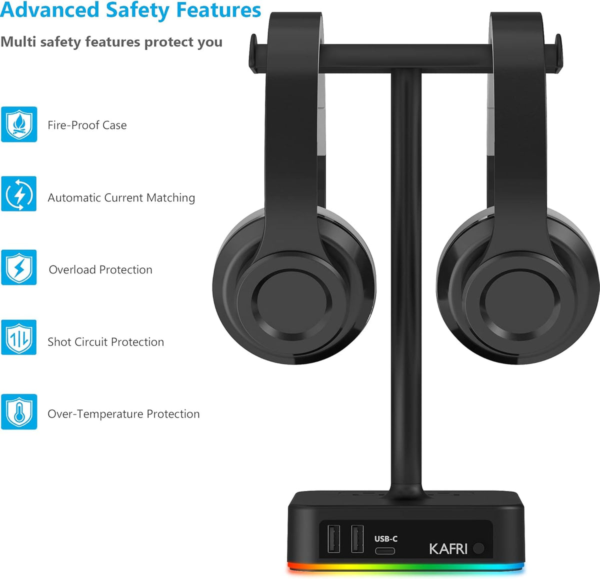 KAFRI RGB Dual Headphone Stand with USB C Charger Desk Gaming Double Headset Holder Hanger Rack
