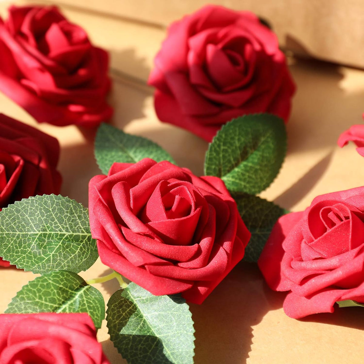 AmyHomie Artificial Flowers Dark Red Rose 100pcs Real Looking Fake Roses w/Stem for DIY Wedding