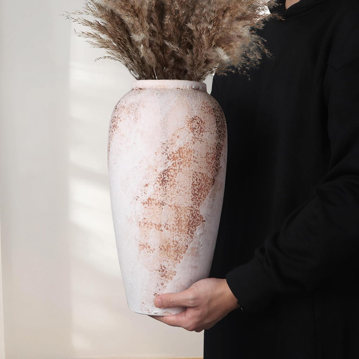 Large Rustic Vase for Flowers,13.8'' White Farmhouse Ceramic Vases for Home Decor, Minimalist