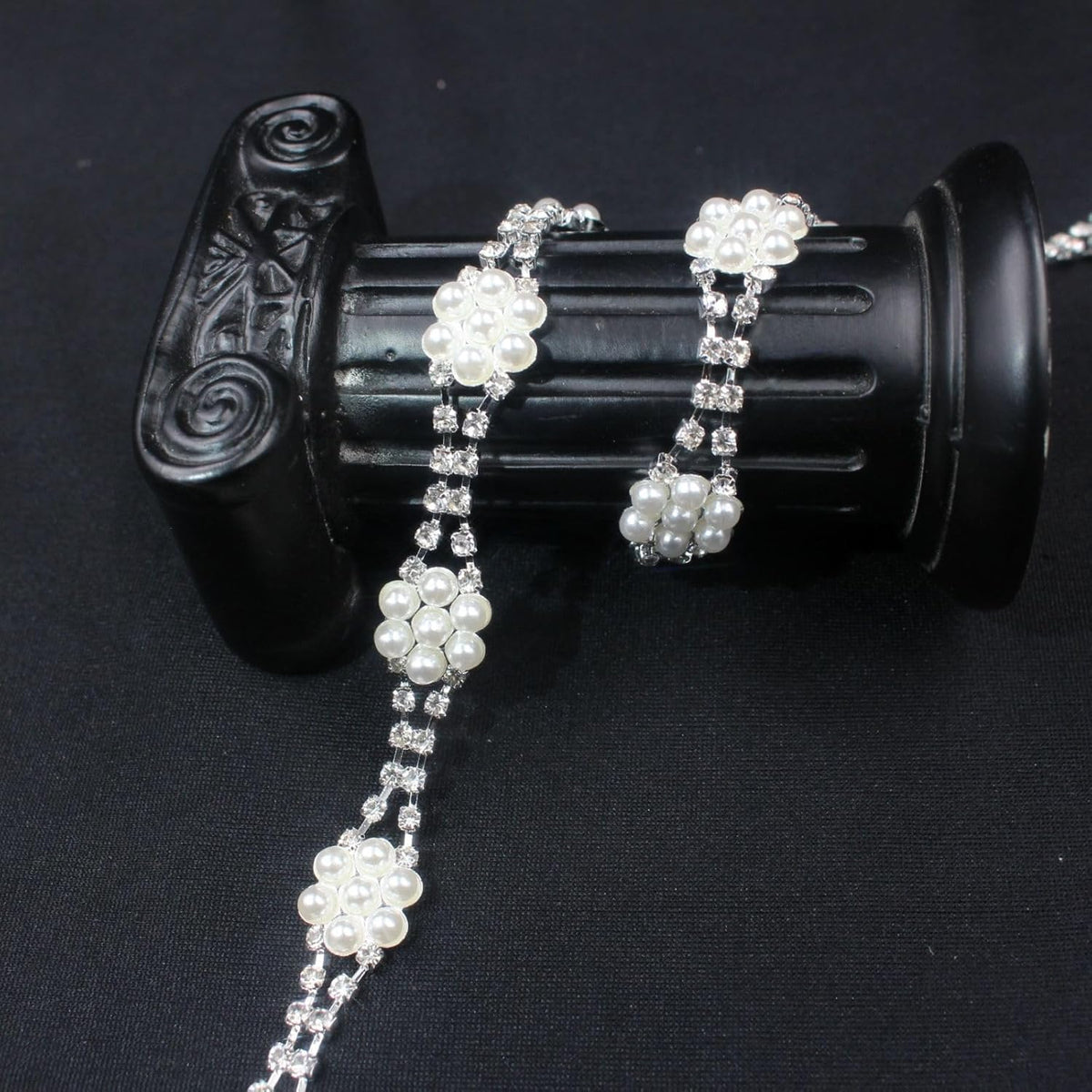 PEARLY JUN 1 Yard Pearl Rhinestone Trim Chain Silver Crystal Fringe Diamond Applique Ribbon String