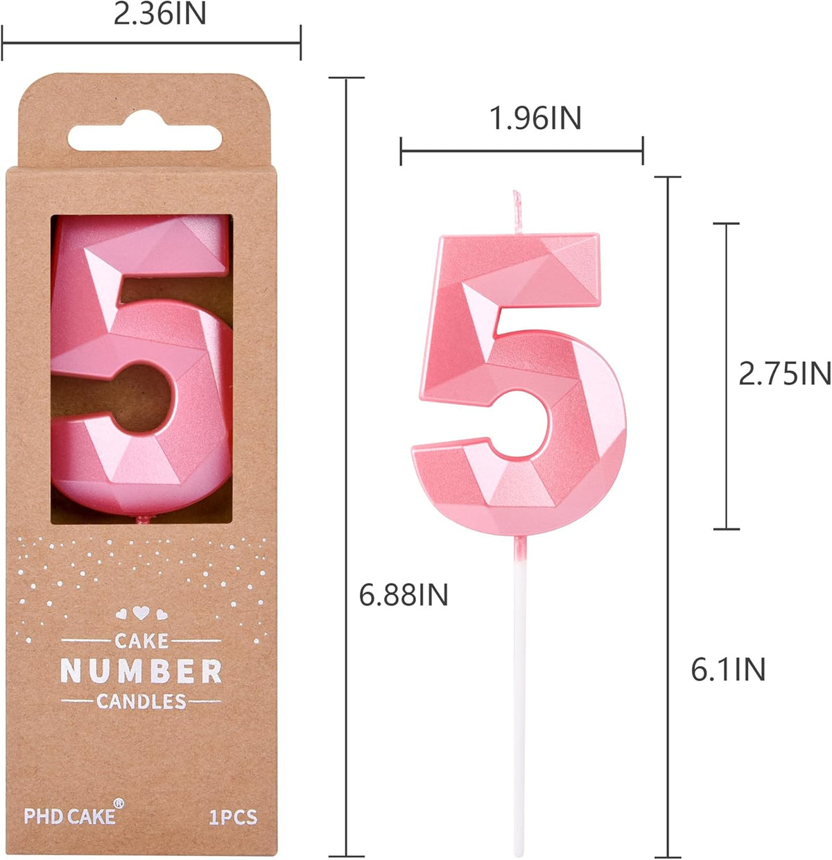 PHD CAKE 2.76 Inch Crystal Pink 5 Number Birthday Candles, Pink Number Candles, Cake Number