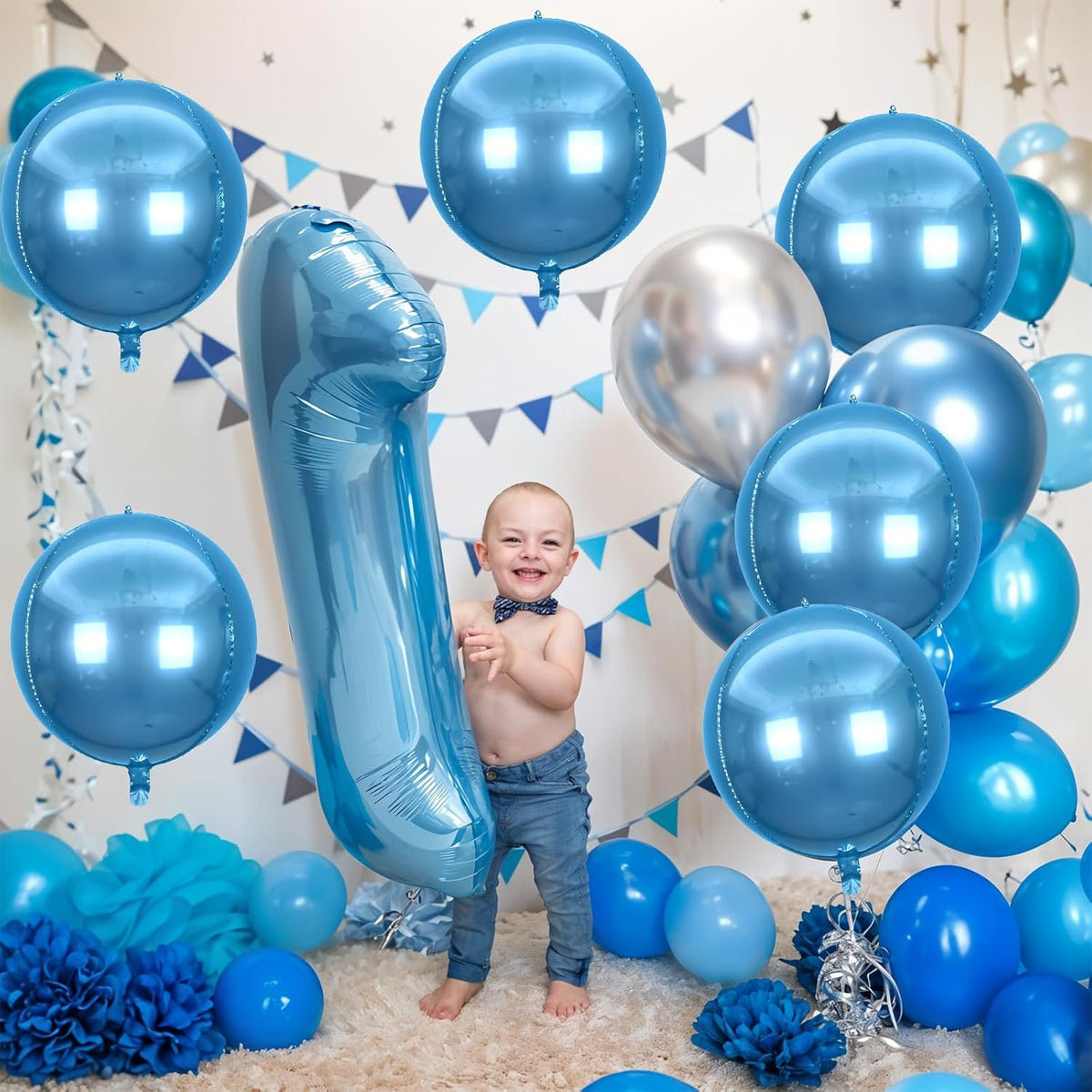6Pcs Blue Round Foil Balloons,Giant 4D Round Ball Balloons,22 Inch Metallic Blue Balloon for