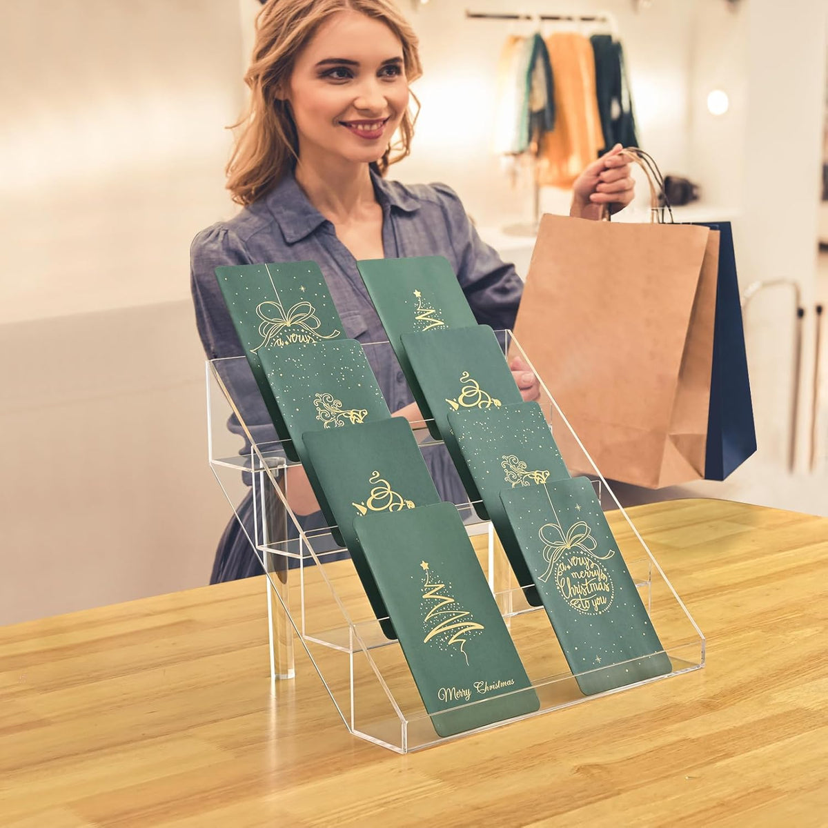 PecMuikee Greeting Card Display, 4 Tiers Clear Acrylic Sticker Display Stand for Vendors Retail