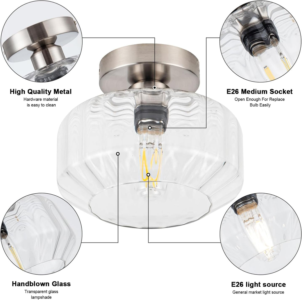 Brushed Nickel Semi Flush Mount Ceiling Light Fixture with Textured Glass & Included 1200 Lumens