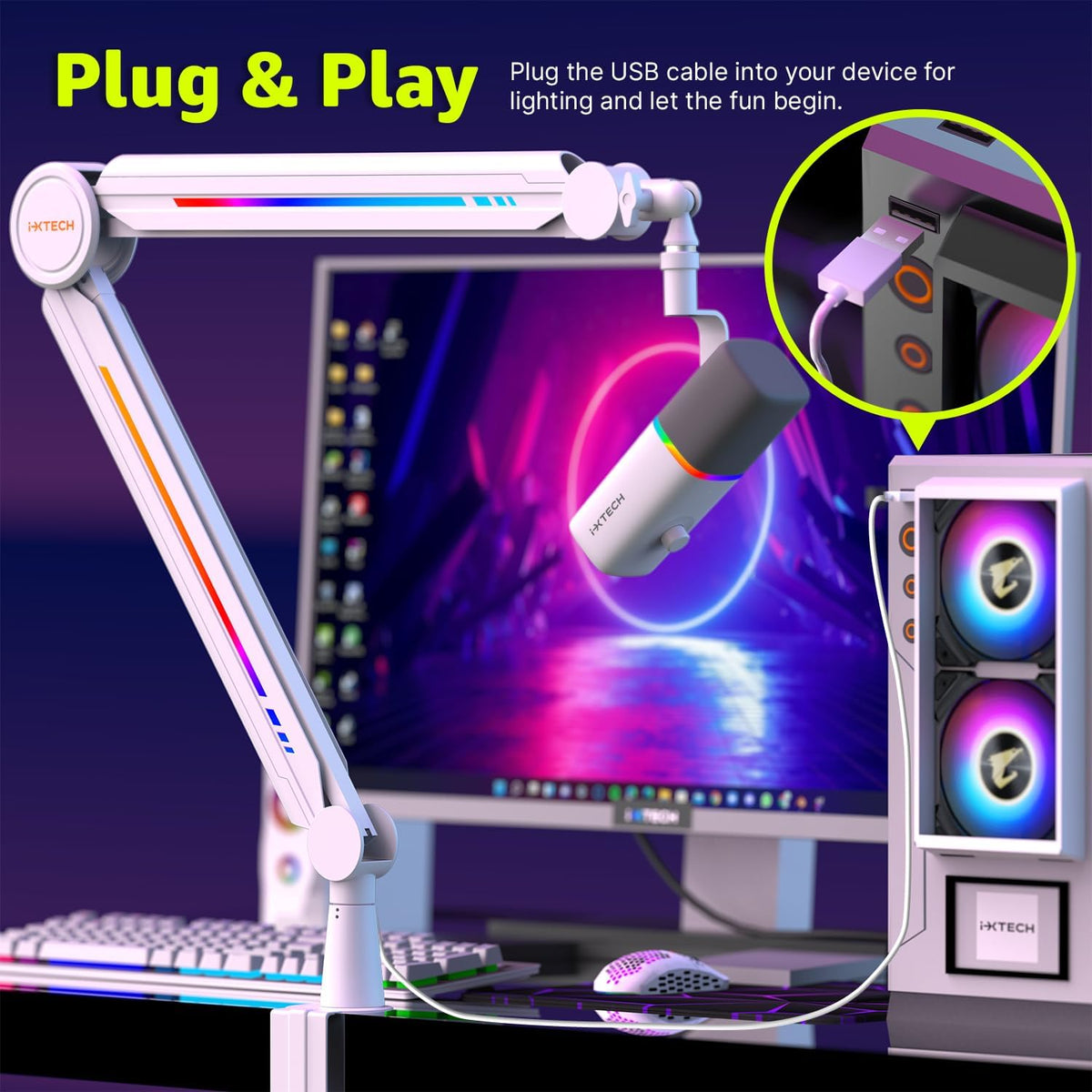 IXTECH RGB Mic Boom Arm High Profile, Overhead Boom Arm Microphone Stand Desk Mount, Adjustable