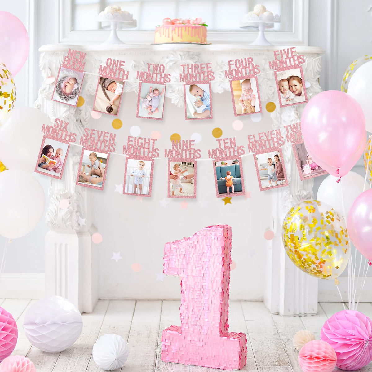 Whaline 1st Birthday Baby Photo Banner for Newborn to 12 Months, Monthly Milestone Photograph