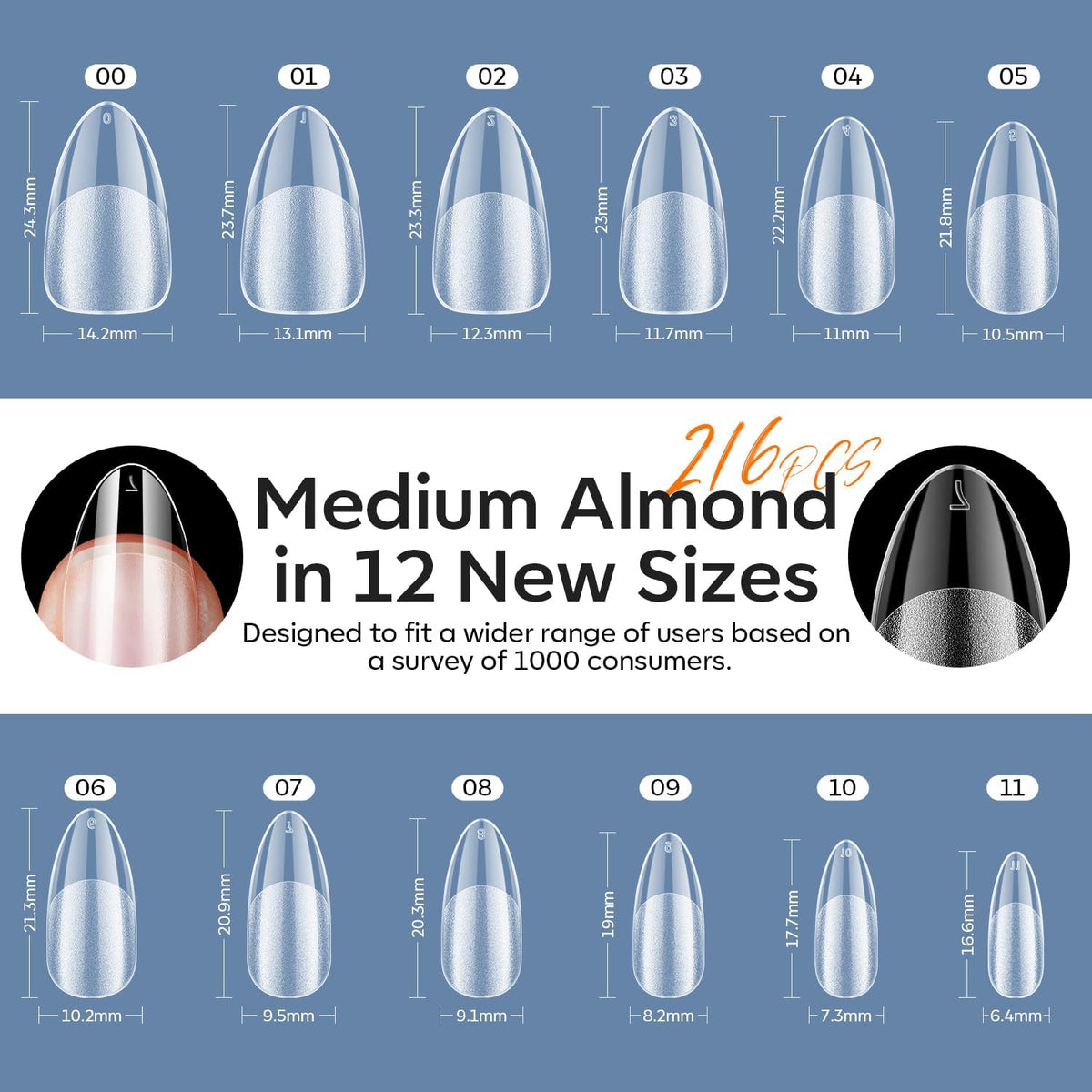 modelones Medium Almond Gel Nail Tips Kit, 9-in-One Nail Glue with Portable U V Lamp 216Pcs 12Sizes
