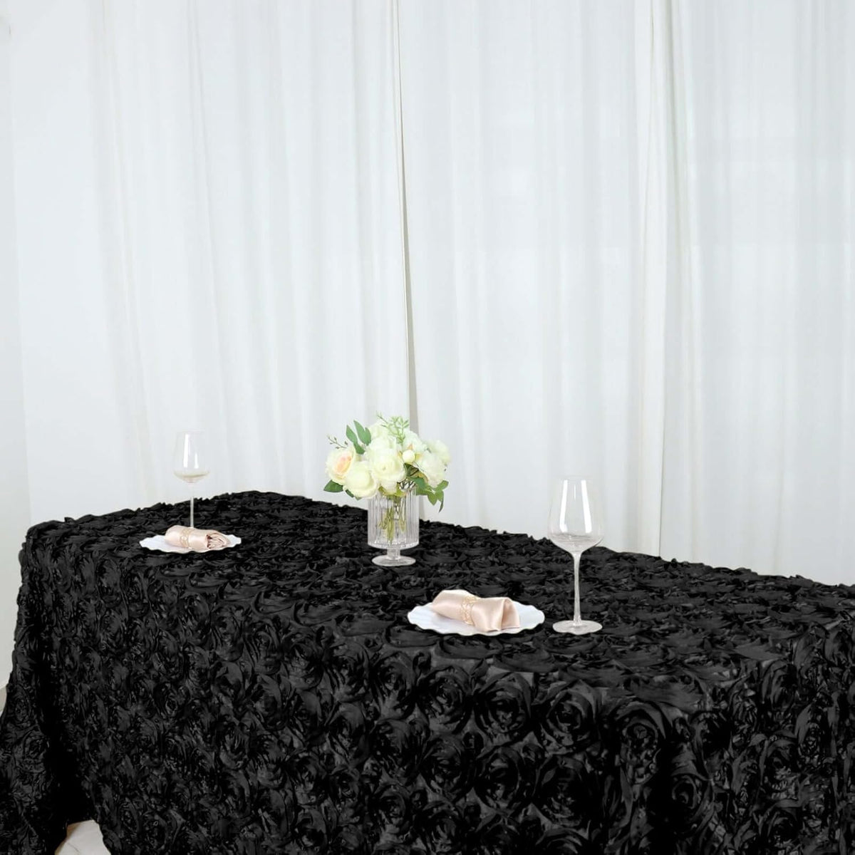 Efavormart 90"x132" Wholesale Rectangle Table Cover Black Grandiose Rosette 3D Satin Tablecloth for