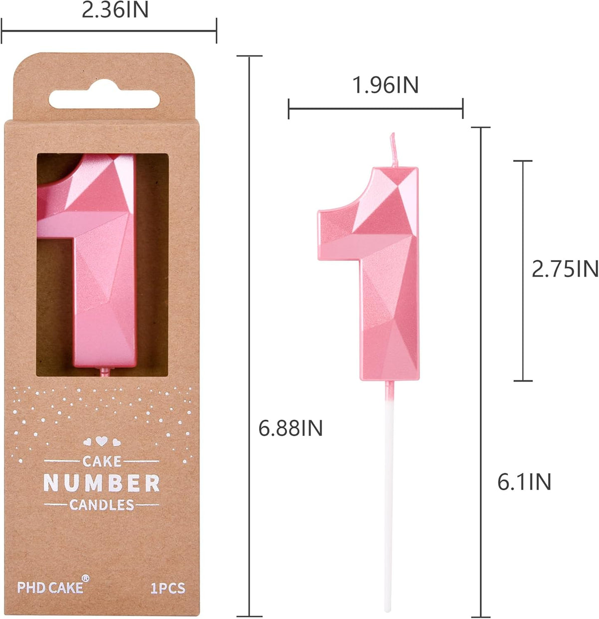 PHD CAKE 2.76 Inch Crystal Pink 1 Number Birthday Candles, Pink Number Candles, Cake Number