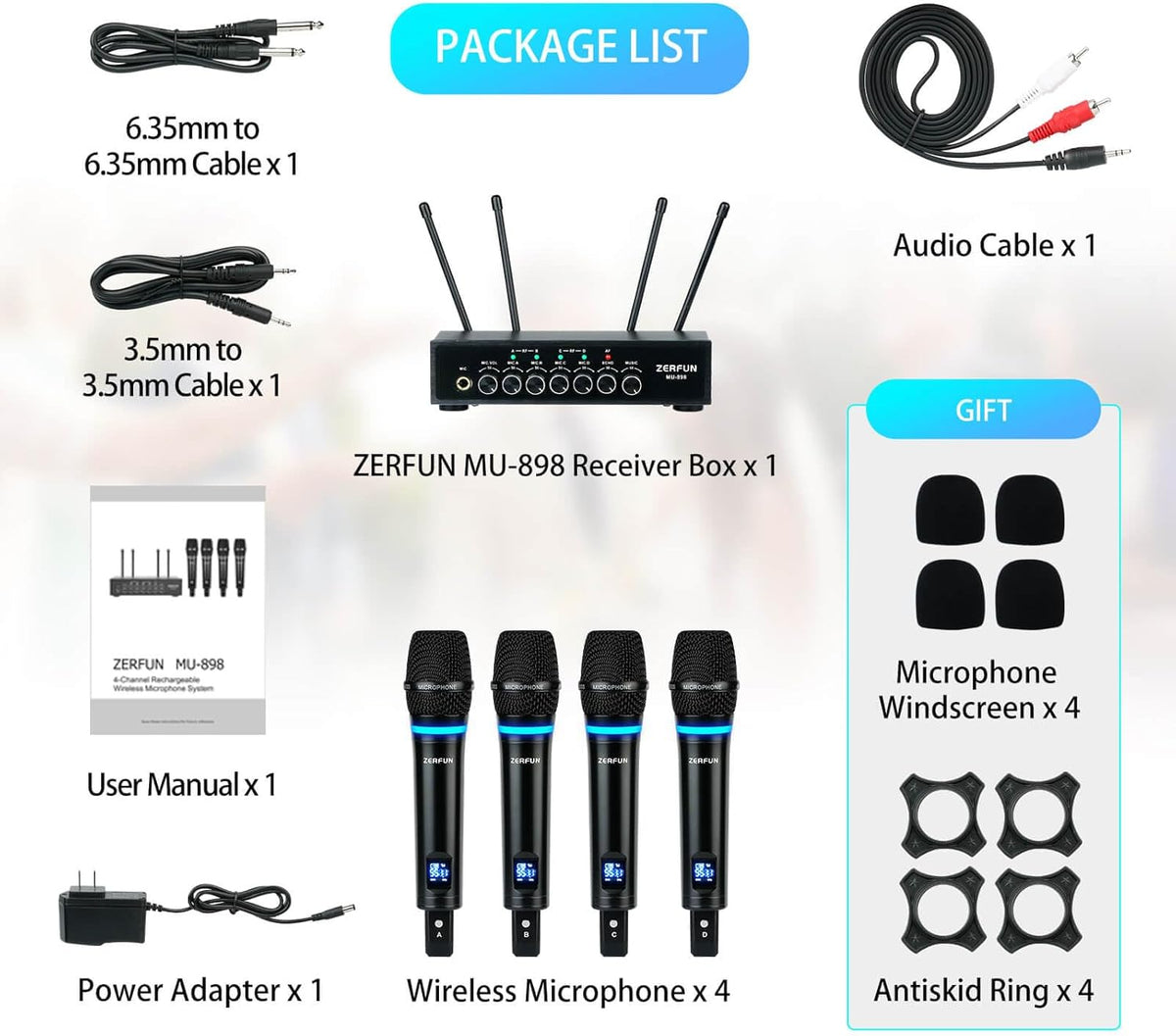 4 Channel Rechargeable Wireless Microphone System, Pro UHF Metal Handheld Wireless Microphones
