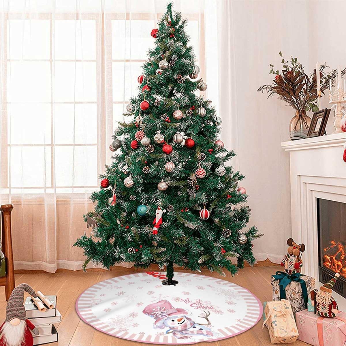 Let It Snow Snowman Christmas Tree Skirt 36 Inches, Pink Snowflake Tree Skirt, Winter Xmas Tree Mat