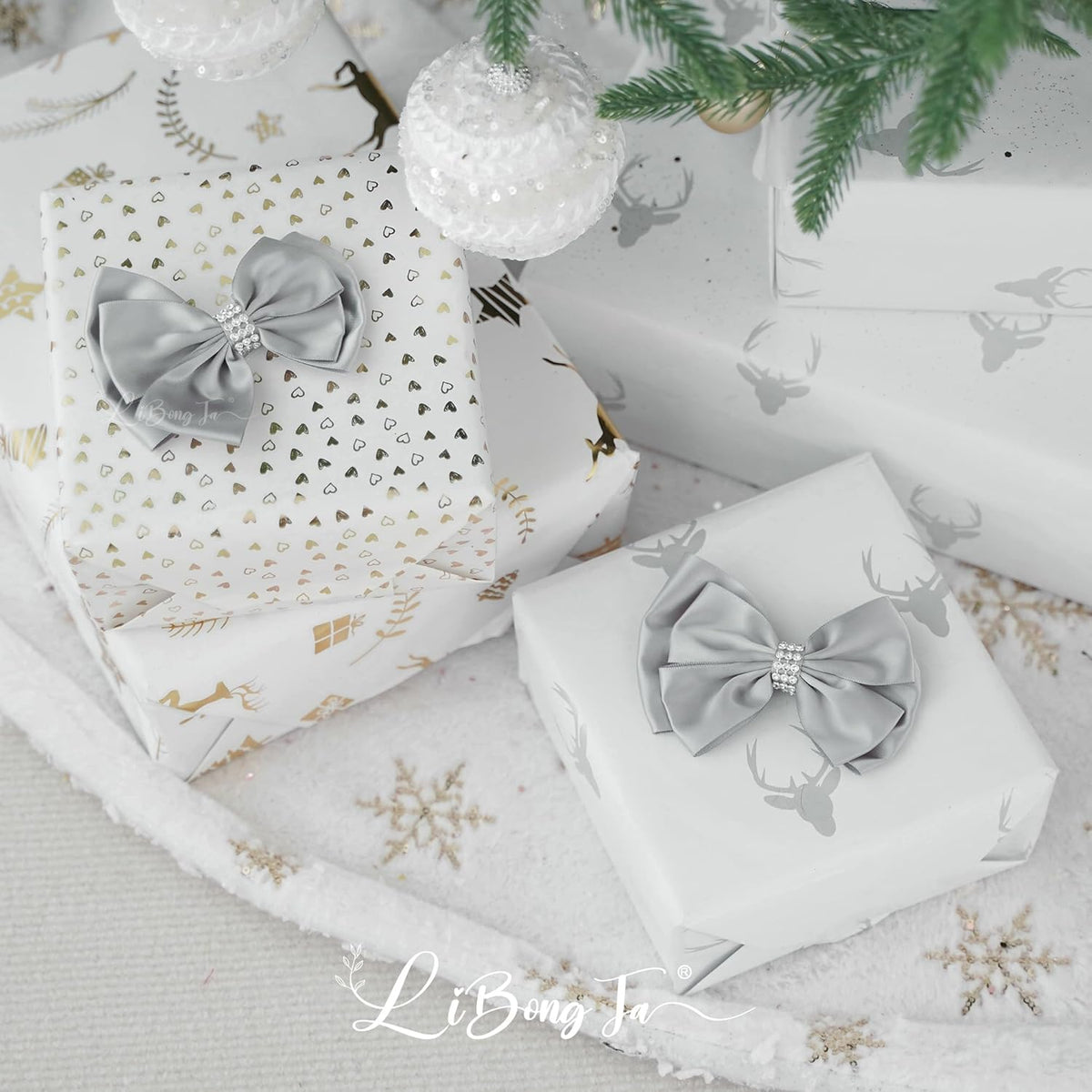 Silver Satin Bows 4'' Premade Ribbon Bow, Silver Gift Bows with Rhinestone, Wrapping Bows for