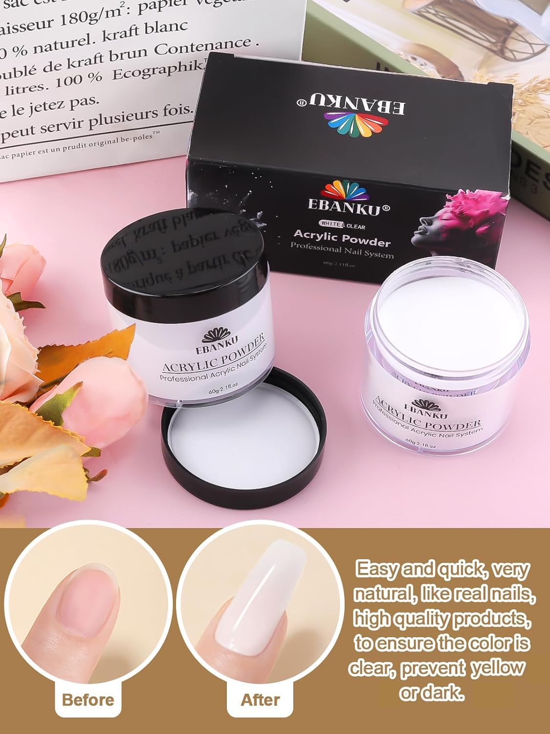 EBANKU 2 Colors Acrylic Nail Powder Set, White Clear Acrylic Powder Professional Nail Acrylic