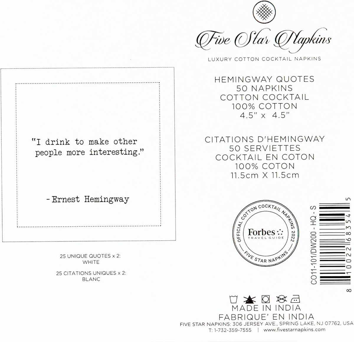 Five Star Napkins Hemingway Quotes, White Cotton Cocktail Napkins, Beverage Napkins, Bar Napkins