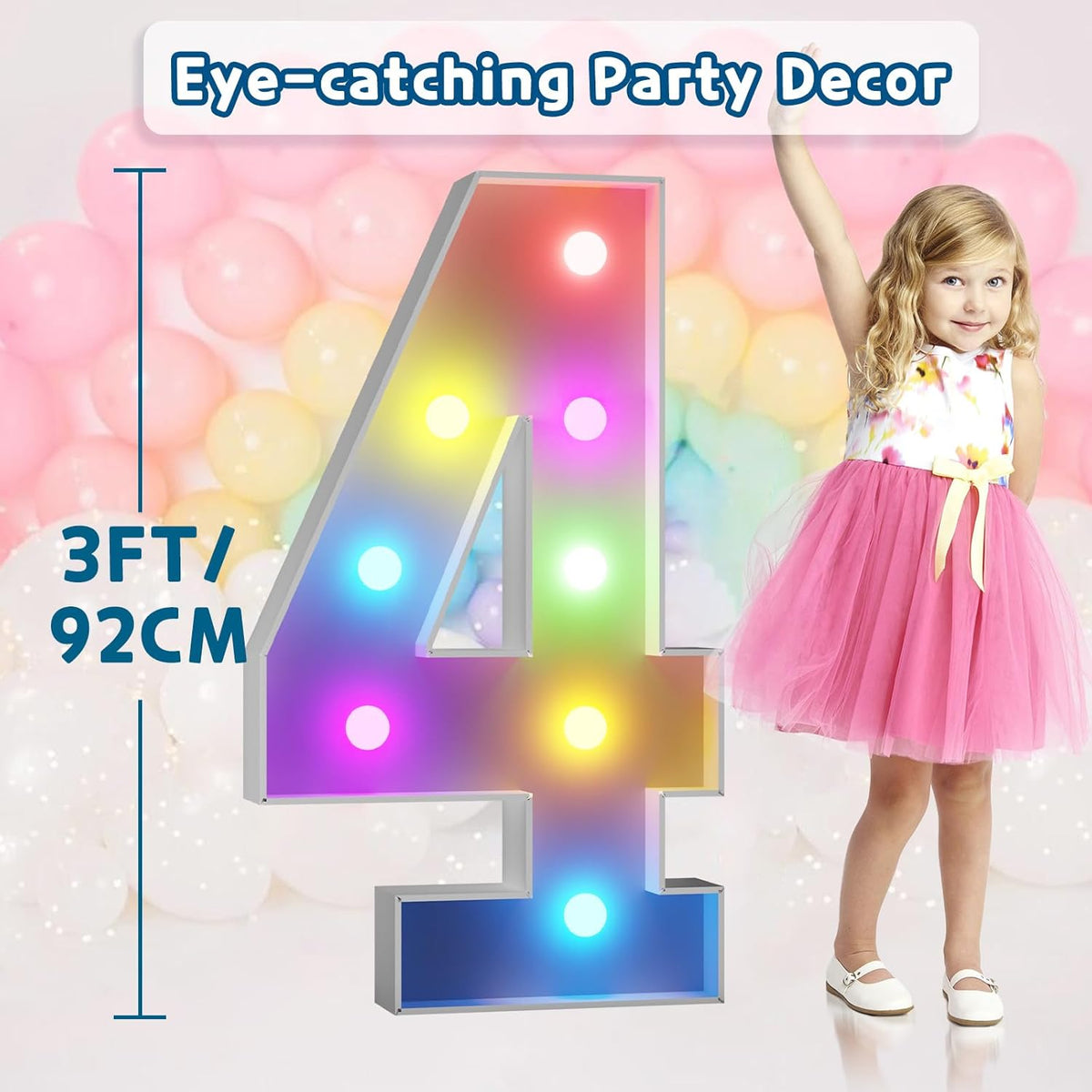 imprsv 3FT Colorful Marquee Numbers,18 Colors Number 4 with Remote, Light Up Numbers Sign for 24th