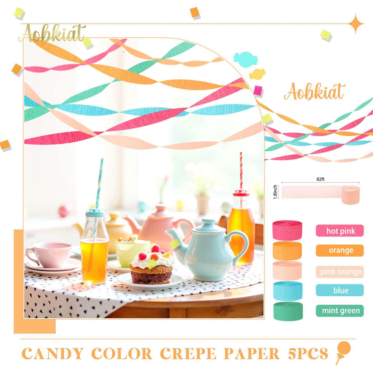AOBKIAT 5 Rolls Rainbow Streamers Crepe Paper,Candyland Party Decorations