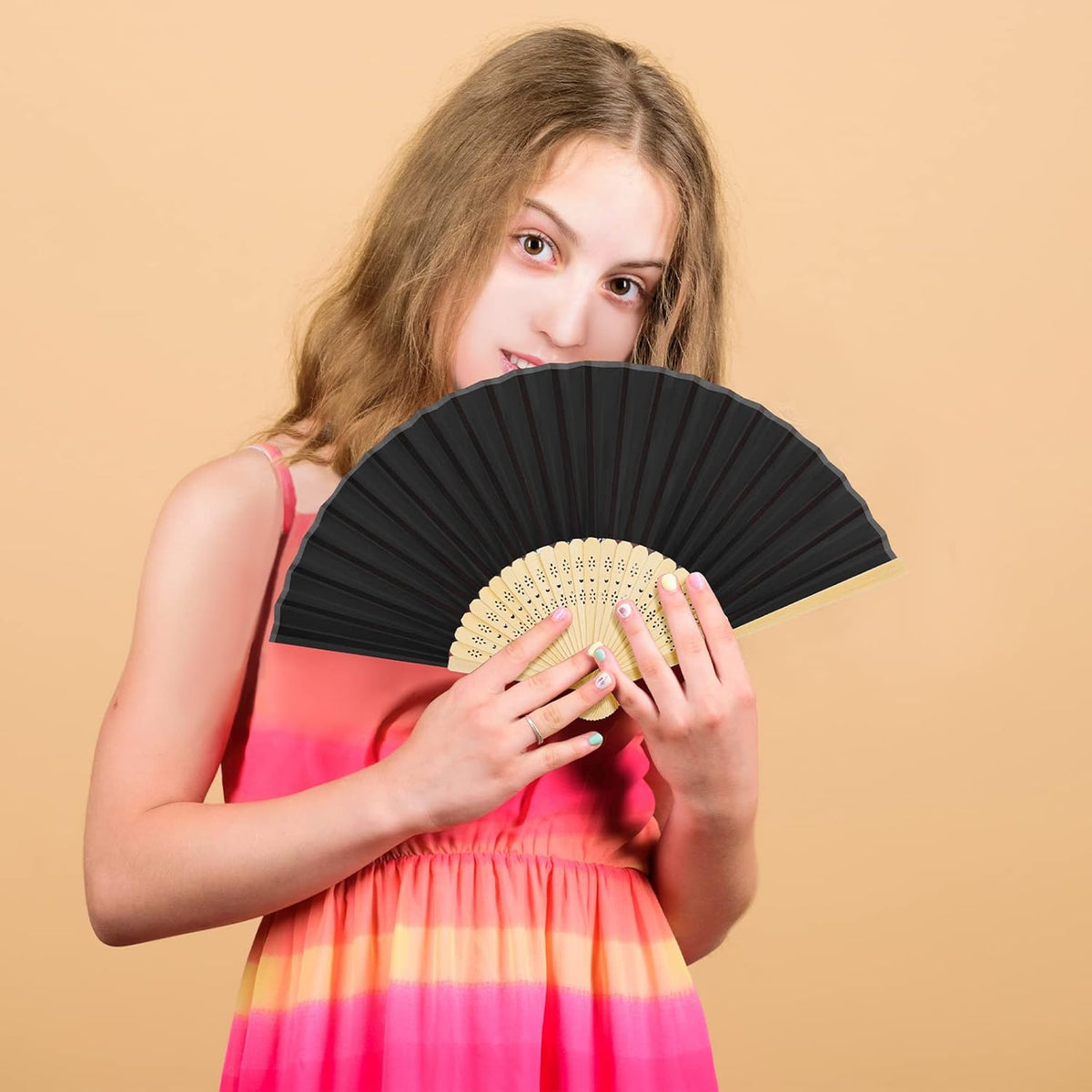 URATOT 48 Pieces Folding Fans Silk Bamboo Folding Fans Handheld Fans for Wedding, Party Decoration