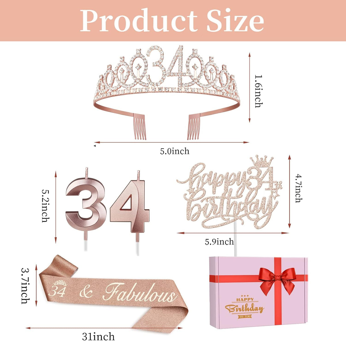 34th Birthday Decorations for Women Including Birthday Sash, Tiara/Crown, Numeral Candles and Cake